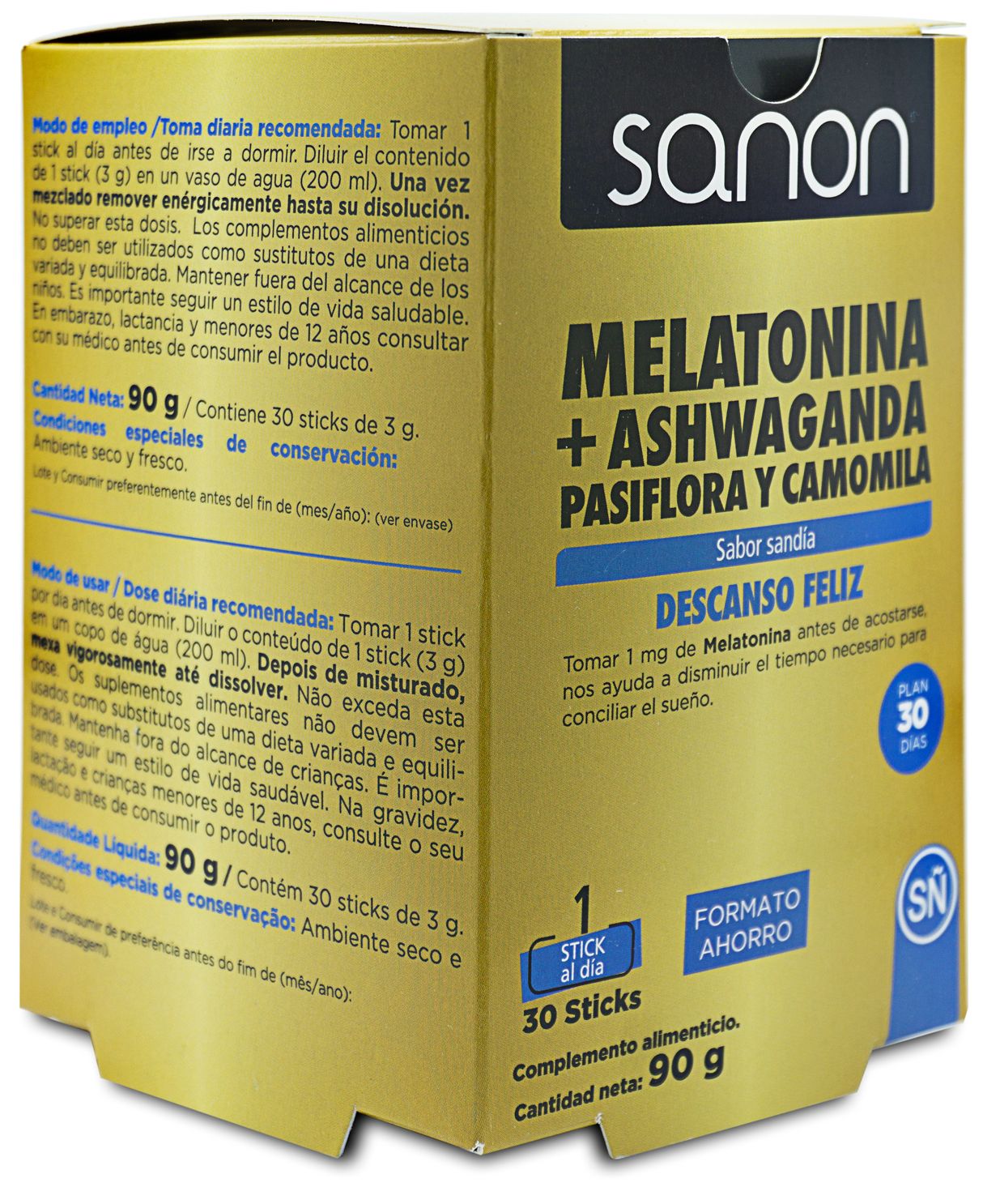 Melatonina + Ashwaganda, Pasiflora y Camomila · Sanon · 30 sticks