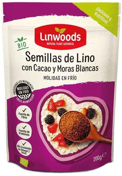 Semillas de Lino, Cacao y Moras Blancos Molidas · Linwoods · 200 gramos [Caducidad 04/2024]