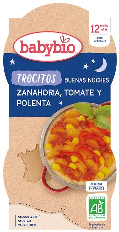 Tarritos Buenas Noches de Trocitos de Zanahoria, Tomate y Polenta · Babybio · 2x200 gramos