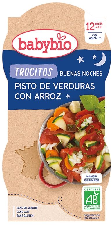 Tarritos Buenas Noches de Pisto con Trocitos de Verduras y Arroz · Babybio · 2x200 gramos