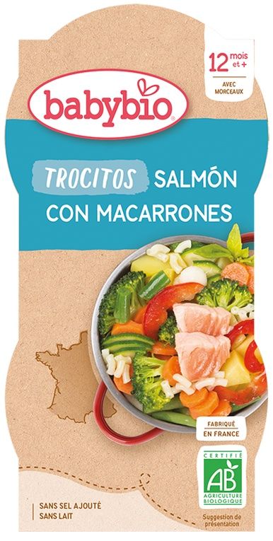 Tarritos de Trocitos de Salmón con Macarrones · Babybio · 2x200 gramos