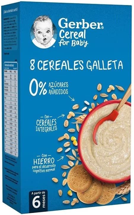 Gerber Papilla para Bebés 8 Cereales con Galleta · Nestlé · 475 gramos [Caducidad 01/2025]