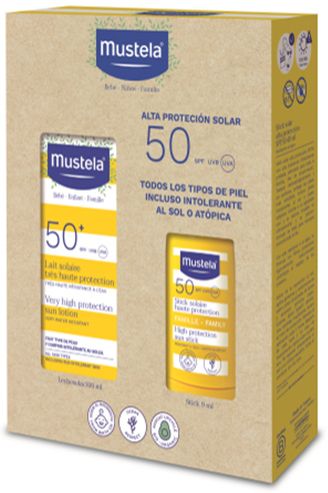 Pack Leche Solar Muy Alta Protección SPF50+ y Stick Solar Alta Protección SPF50 · Mustela