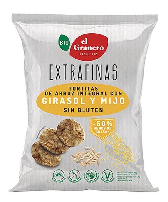 Tortitas Extrafinas de Arroz Integral con Girasol y Mijo Sin Gluten Bio · El Granero Integral · 60 gramos