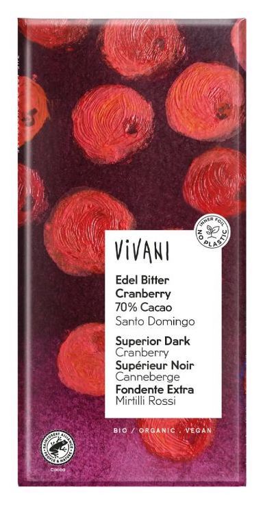 Chocolate Negro Superior 70% Cacao con Arándanos · Vivani · 100 gramos