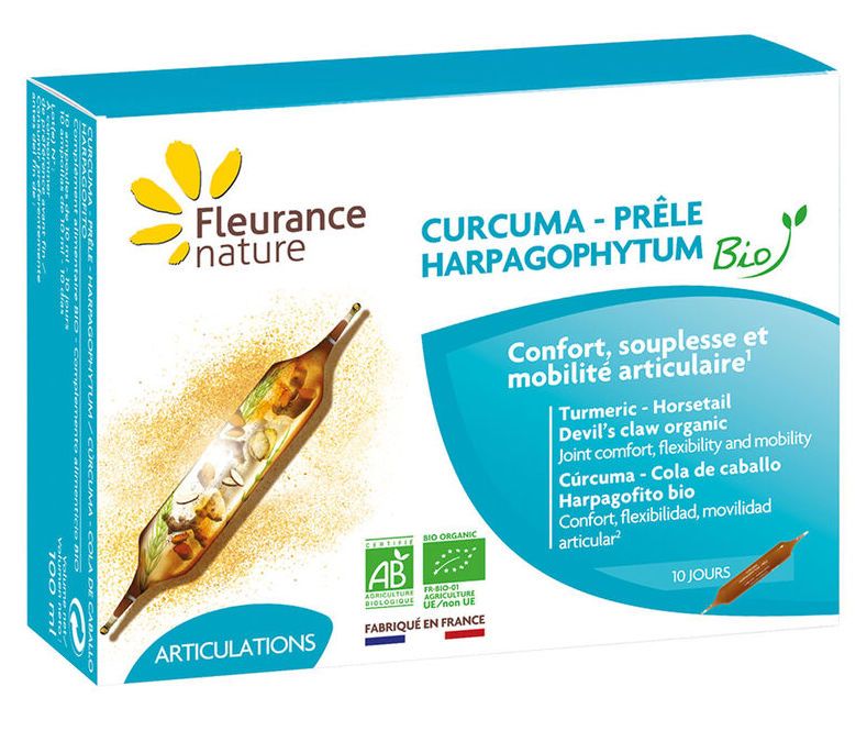 Cúrcuma, Harpagofito y Cola de Caballo Bio · Fleurance Nature · 10 ampollas