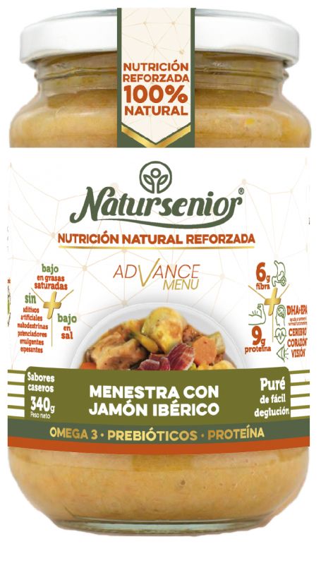 Tarro de Puré de Menestra con Jamón Ibérico · Natursenior · 340 gramos