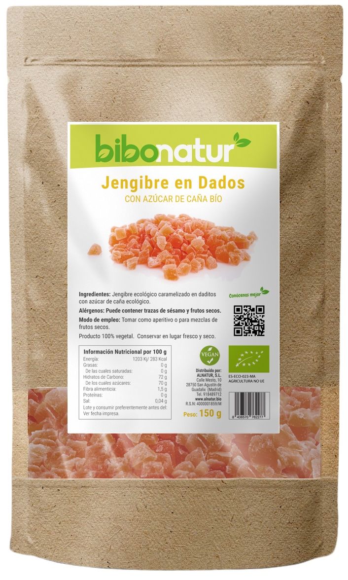 Jengibre en Dados con Azúcar de Caña Bio · Bibonatur · 150 gramos