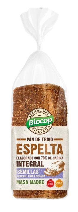 Pan de Molde de  Trigo Espelta Integral Con Semillas De Girasol, Lino y Sésamo · Biocop · 400 gramos [Caducidad 01/2025]