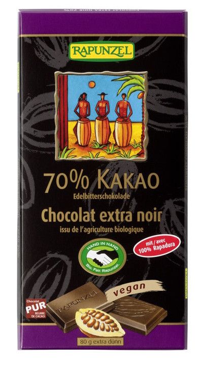 Tableta de Chocolate Extra Negro 70% Cacao · Rapunzel · 80 gramos