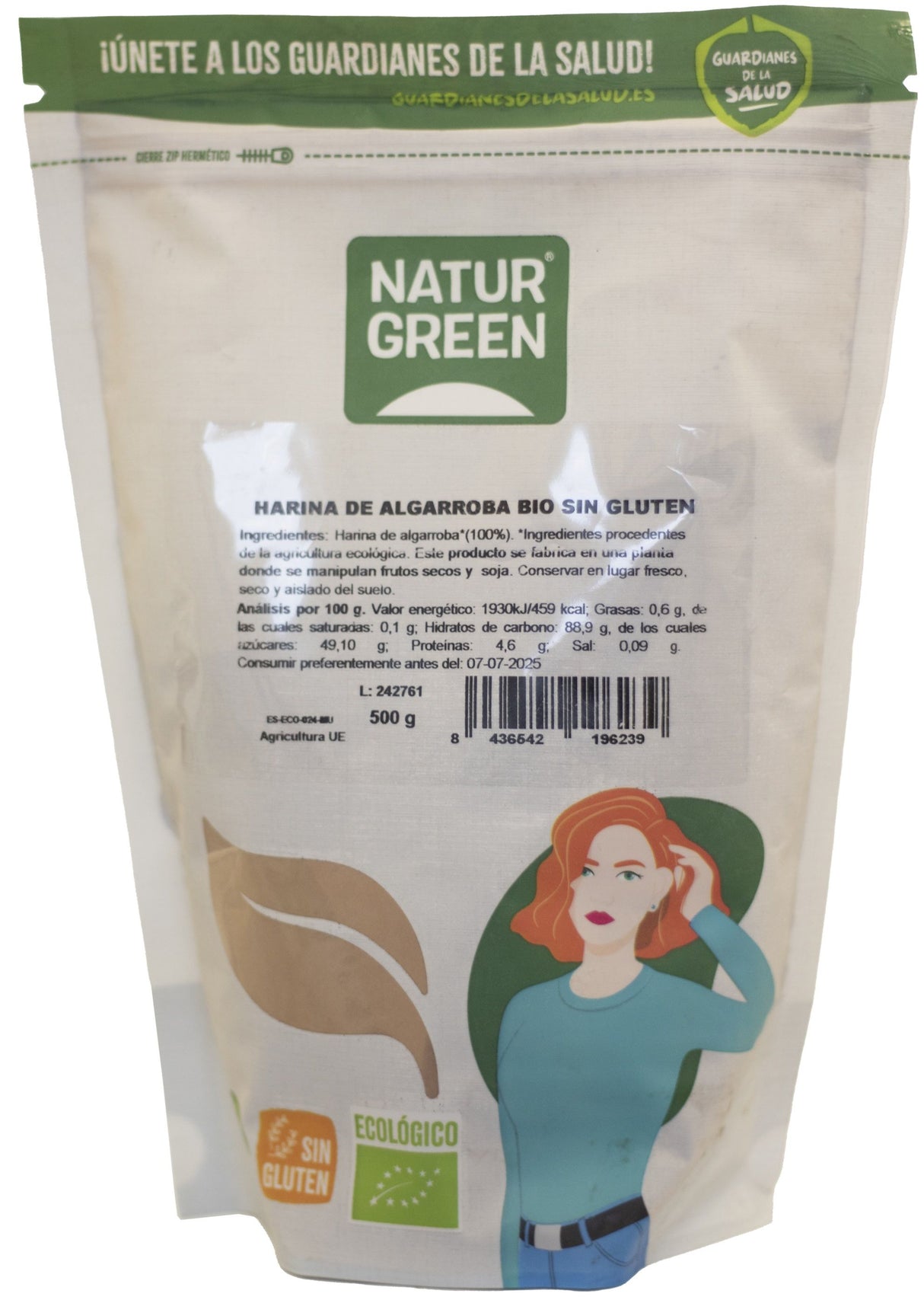 Harina de Algarroba Sin Gluten Bio · Naturgreen · 500 gramos